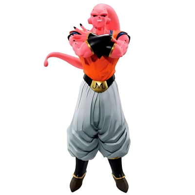 Figura de ação Majin Buu com roupa laranja e cinzenta sobre fundo branco
