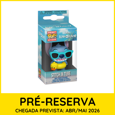 Chaveiro de vinil Stitch em boia com embalagem azul