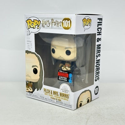 Figura vinyl Pop! Harry Potter Filch & Mrs. Norris na caixa com adesivo de edição limitada