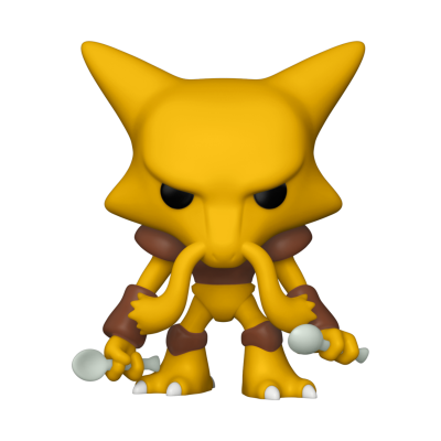 Figurinha colecionável Funko Pop da personagem Abra amarela com detalhes castanhos, segurando esferas brancas