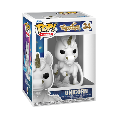 Boneco Funko Pop! unicornio branco com cornos dourados na embalagem