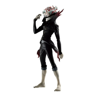 Figura colecionável de personagem com cabelo branco e vermelho e roupa preta