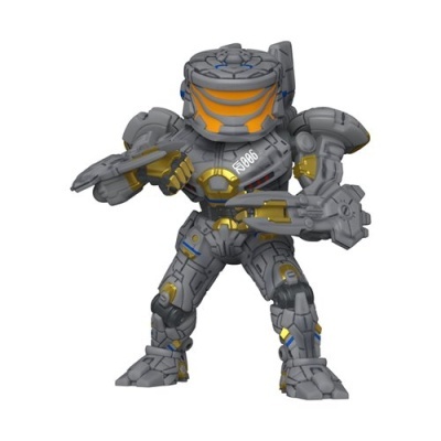 Figura de ação de robô cinzento e amarelo com armas
