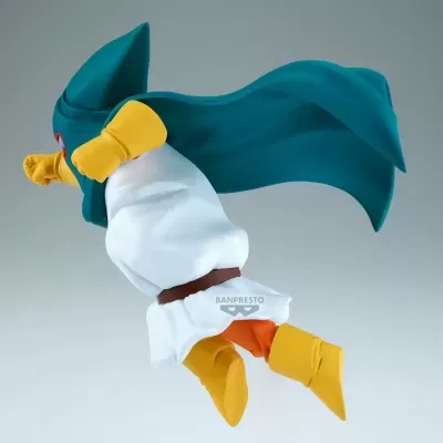 Figura de ação com capa verde e luvas amarelas em salto
