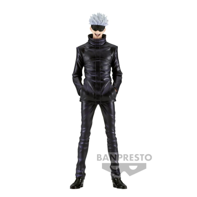 Figura colecionável de personagem com cabelo branco e fato preto