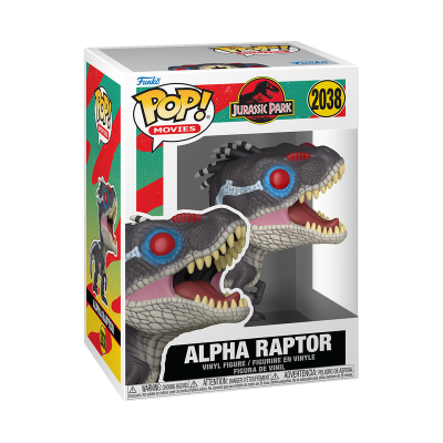 Caixa Funko Pop! Alpha Raptor Jurassic Park, figura vinil cinzento, preto, vermelho, azul e branco
