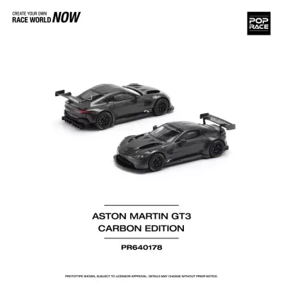Miniaturas de carros de corrida Aston Martin GT3 Carbon Edition preto em fundo branco com texto promocional