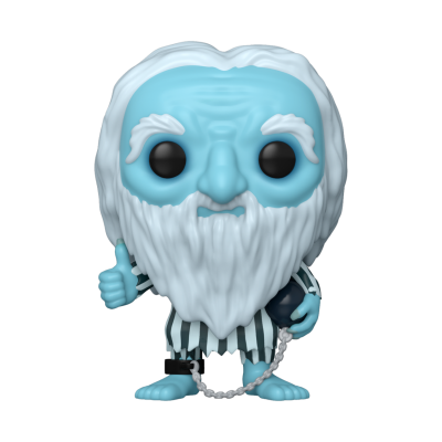 Figura Funko Pop azul com cabelo e barba brancos e roupa às riscas pretas e brancas