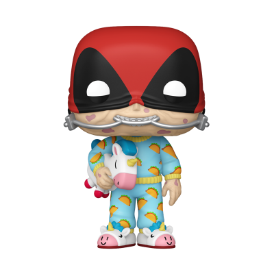 Figura Funko Pop Deadpool com pijama azul e máscara vermelha e preta