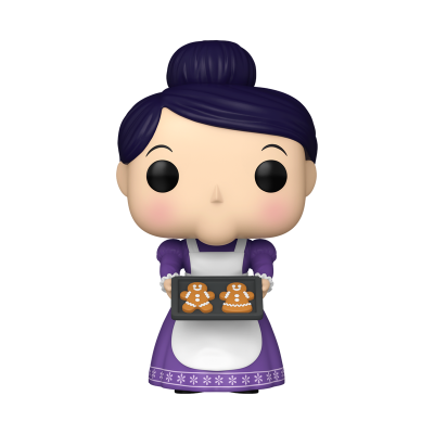Figura de boneca com cabelo roxo e avental segurando tabuleiro com biscoitos