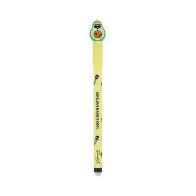 Caneta amarela com topo de abacate de plástico verde e frases impressas