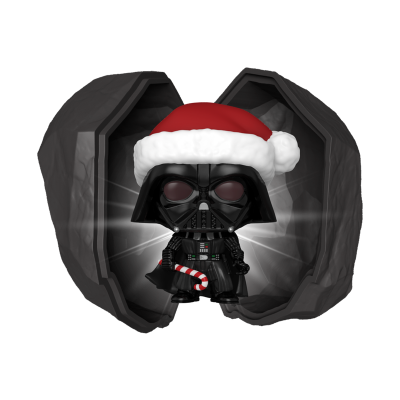 Figura Funko Pop Darth Vader com chapéu de Natal e pau de rebuçado dentro de esfera preta aberta