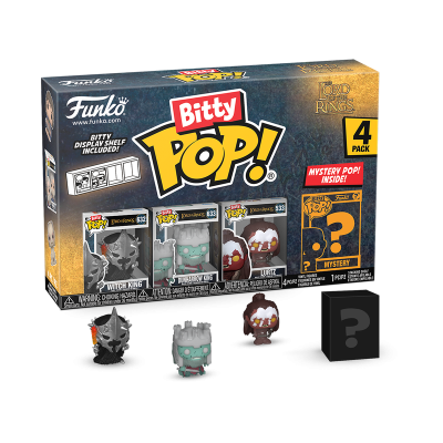 Caixa de coleção Funko Bitty Pop! Lord of the Rings com quatro figuras em miniatura coloridas mais figura misteriosa.