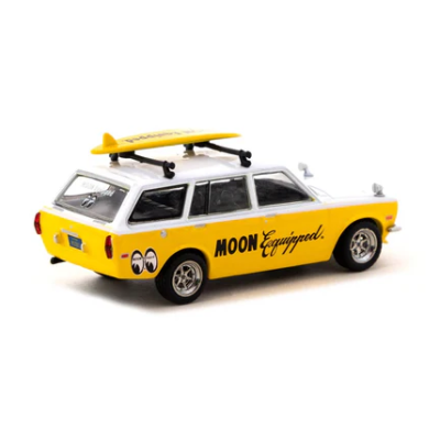 Miniatura de carrinha amarela e branca com prancha de surf no tejadilho