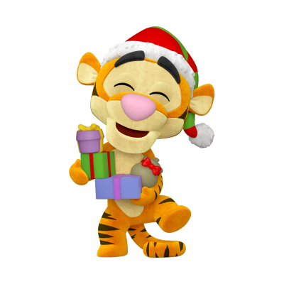 Boneco de peluche do Tigger com chapéu de Pai Natal e presentes