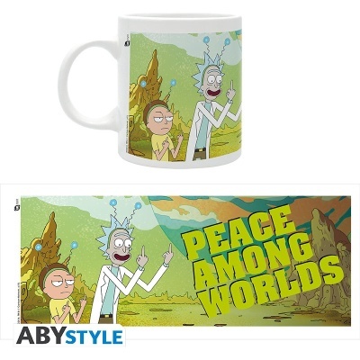 Caneca branca com imagem colorida dos personagens Rick e Morty com texto Peace Among Worlds