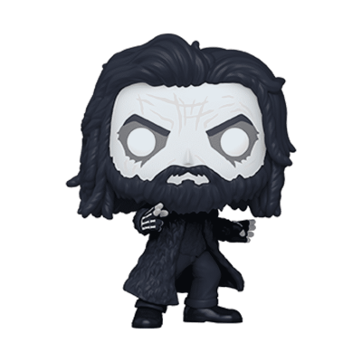 Funko Pop de personagem com cabelo e barba negros e rosto branco com marcas cinzentas