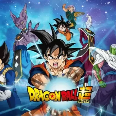 Personagens da Dragon Ball Super em fundo azul estrelado com logotipo