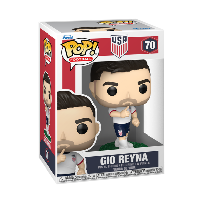 Figura Funko Pop de vinil de Gio Reyna com uniforme de futebol dos EUA dentro da caixa.
