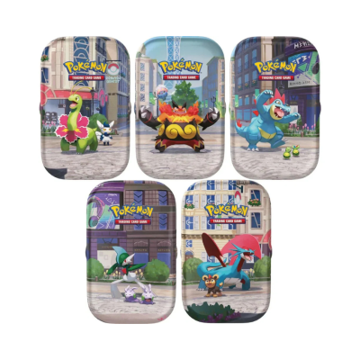 Cinco caixas metálicas com ilustrações de Pokémons e texto Pokémon Trading Card Game.