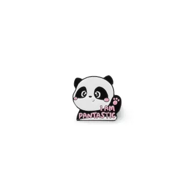 Pin de panda fofo preto e branco com texto rosa