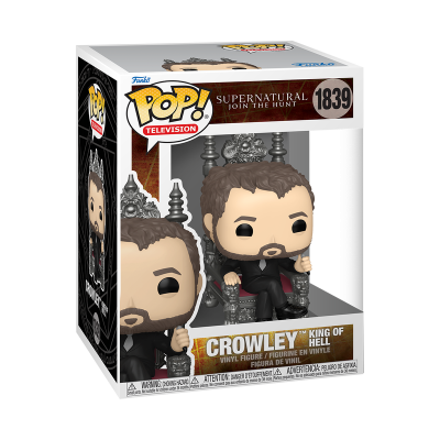Funko Pop! Crowley King of Hell da série Supernatural, sentado numa cadeira decorativa, dentro da caixa de embalagem.