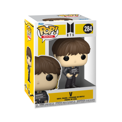 Figura Funko Pop! Rocks do BTS V em caixa amarela e branca