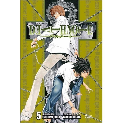 Capa do manga Death Note volume 5 com dois personagens e fundo verde com correntes