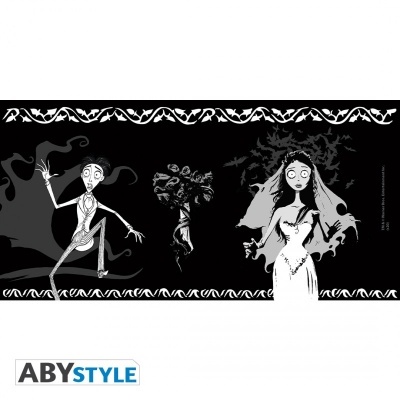 Desenho a preto e branco de personagens estilizadas num fundo escuro com elementos góticos