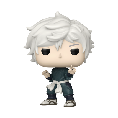 Figura Funko Pop de personagem com cabelo branco espetado e fato azul escuro.