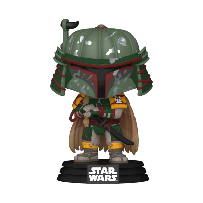 Figura Funko Pop de Boba Fett de Star Wars com capacete verde e roupa detalhada, sobre base com logo Star Wars.