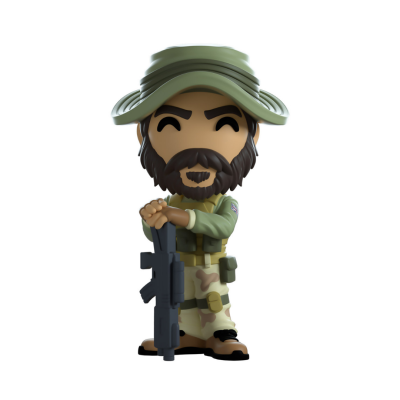 Figura de ação estilizada de soldado com chapéu verde e roupa camuflada segurando arma.