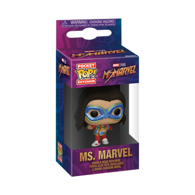 Chaveiro Funko Pop Ms. Marvel com máscara azul e roupa colorida numa embalagem roxa