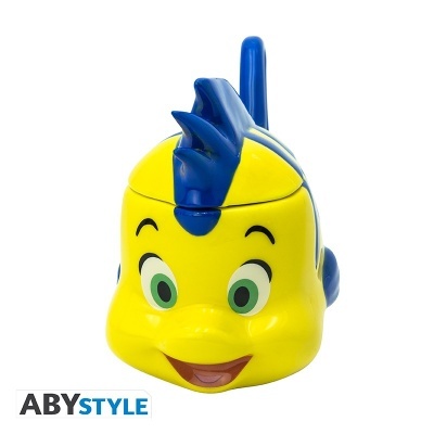 Recipiente em cerâmica amarelo e azul com a cabeça de personagem Flounder