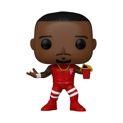 Figura de vinil tipo Funko Pop com roupa desportiva vermelha e copo vermelho