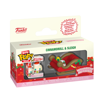 Caixa Funko Bitty Pop! Rides com Cinnamoroll em roupa de Pai Natal e trenó vermelho decorado.