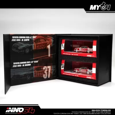 Miniaturas de carros de corrida Toyota Corona Exiv em caixa preta com detalhes vermelhos da INNO64