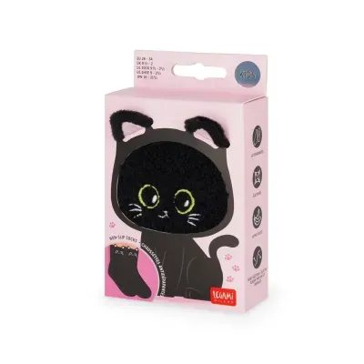Meias antiderrapantes de criança com desenho de gato em embalagem rosa.