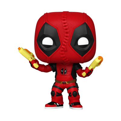Figura Pop de Vinil do Deadpool em fato vermelho e preto com pistolas amarelas.