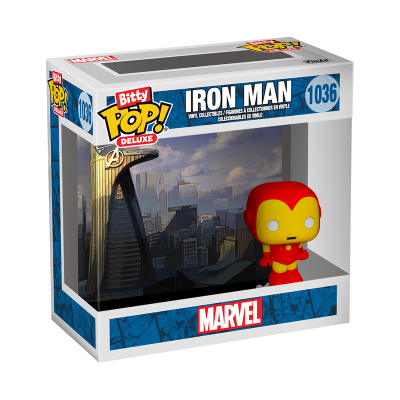 Funko Pop Deluxe do Iron Man da Marvel em caixa com cena de cidade ao fundo