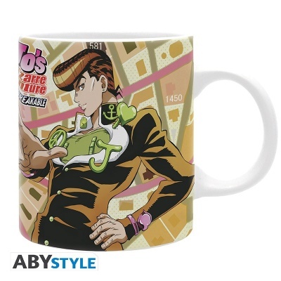 Caneca branca com desenho de personagem de anime e texto JoJo's Bizarre Adventure