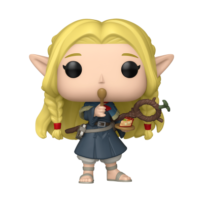 Figura colecionável estilo Funko Pop de personagem loira com tranças, roupa azul e utensílios na mão