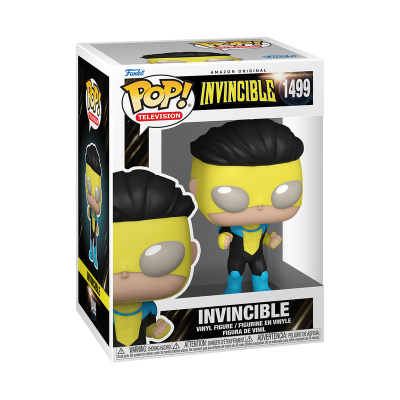 Figura Funko Pop Invincible n.º 1499 de vinil com máscara amarela e fato azul e preto na embalagem original