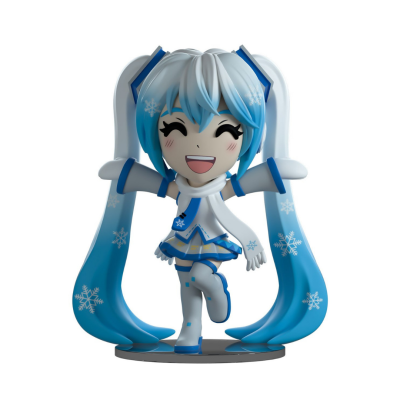 Figura colecionável de personagem anime com cabelo azul e branco, vestido e acessórios com tema de neve