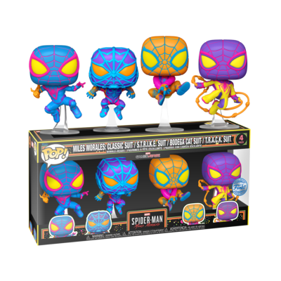 Caixa com 4 figuras Funko Pop Miles Morales Spider-Man com fatos coloridos em azul, amarelo, laranja e roxo