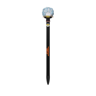 Caneta preta com topo azul claro estilizado e texto laranja