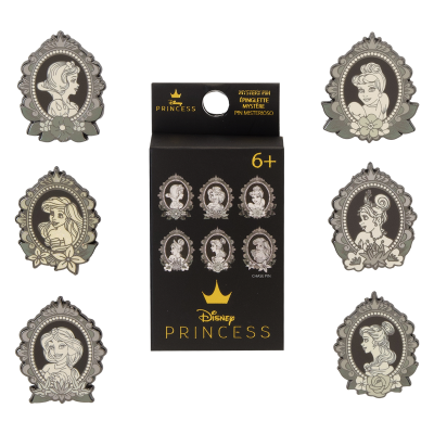 Pins colecionáveis Disney Princesas em embalagem preta e molduras cinzentas decoradas
