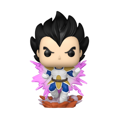 Figura Funko Pop anime com cabelo preto, roupa azul e branca e efeitos de energia rosa