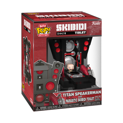 Caixa de brinquedo Funko Bitty Pop! Bitty Bot SKIBIDI TOILET preta e vermelha com figura de Vinil TITAN SPEAKERMAN