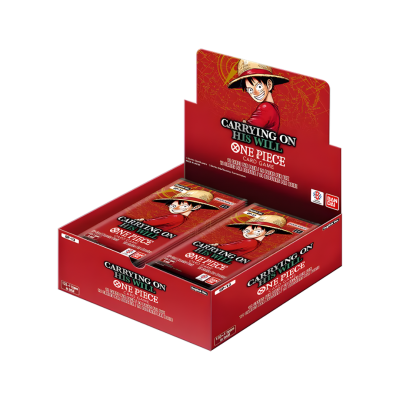 Caixa vermelha com packs do jogo de cartas One Piece, personagem com chapéu de palha.